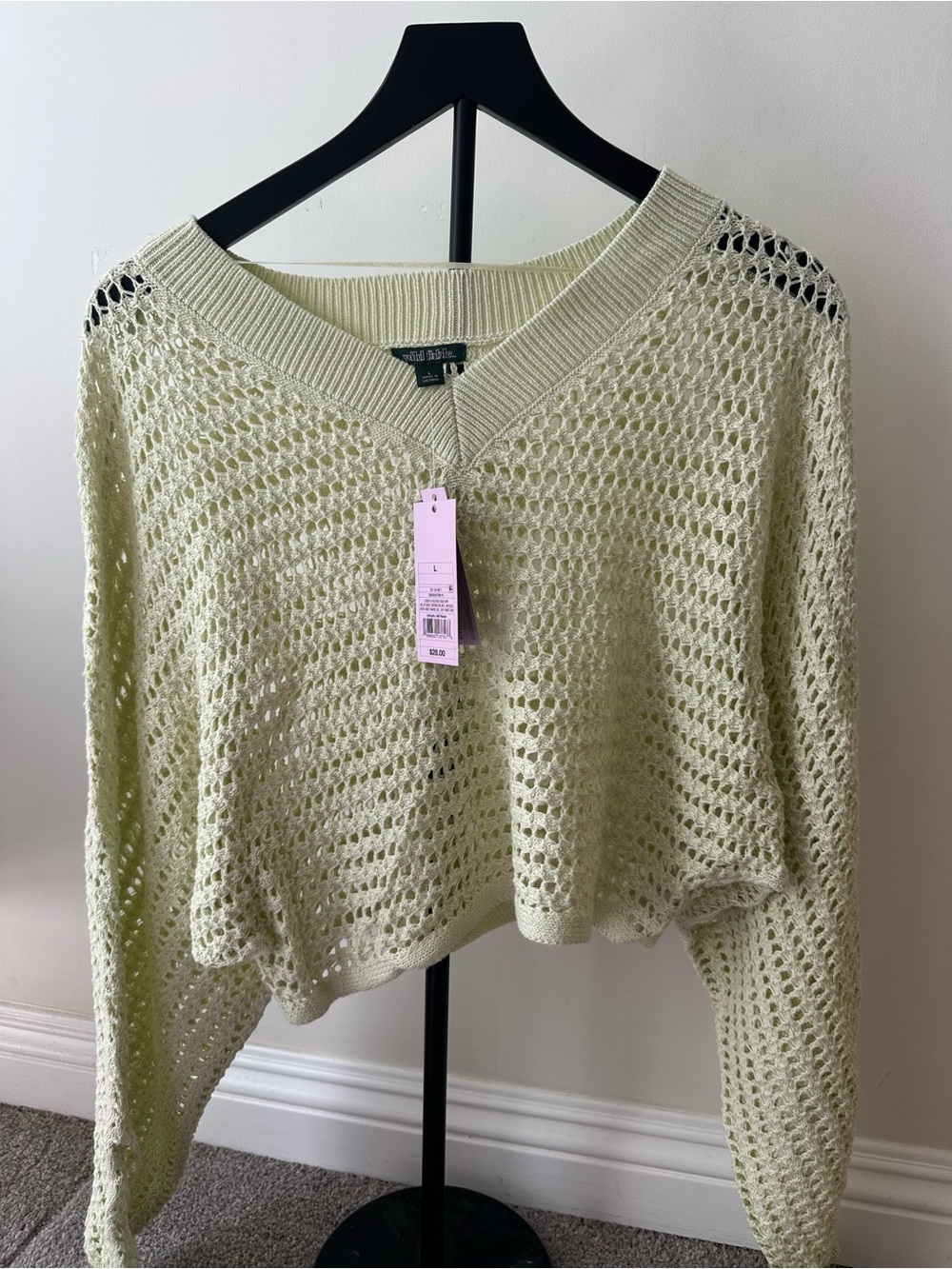 Light Yellow Open-Knit V-Neck Women's Sweater